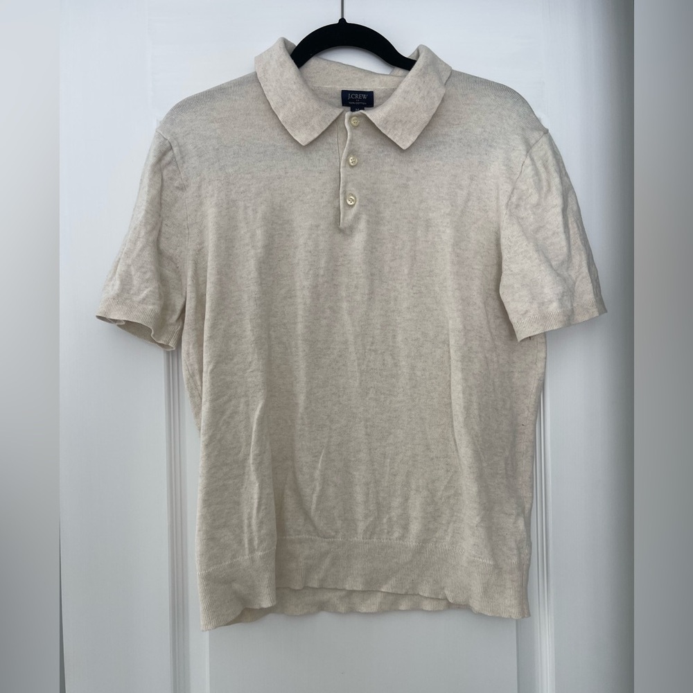 J. Crew Factory Polo Cotton Sweater Short Sleeve Collared Oatmeal Beige Size M - Picture 3 of 6